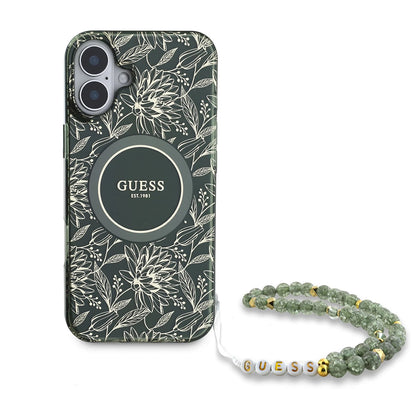 MagSafe-deksel for Apple iPhone 16 Plus, Guess, IML Flowers Allover Electroplated with Pearl Strap, Grønn