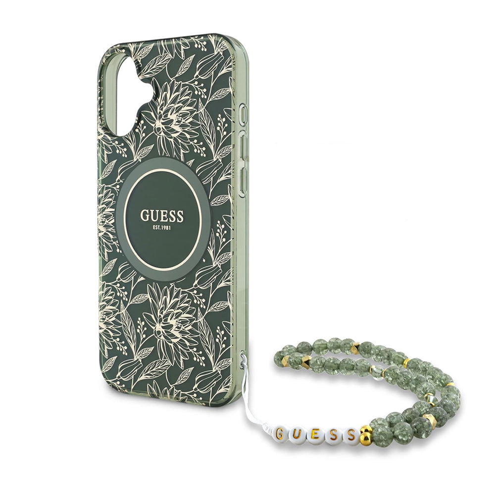 MagSafe-deksel for Apple iPhone 16 Plus, Guess, IML Flowers Allover Electroplated with Pearl Strap, Grønn