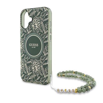 MagSafe-deksel for Apple iPhone 16 Plus, Guess, IML Flowers Allover Electroplated with Pearl Strap, Grønn