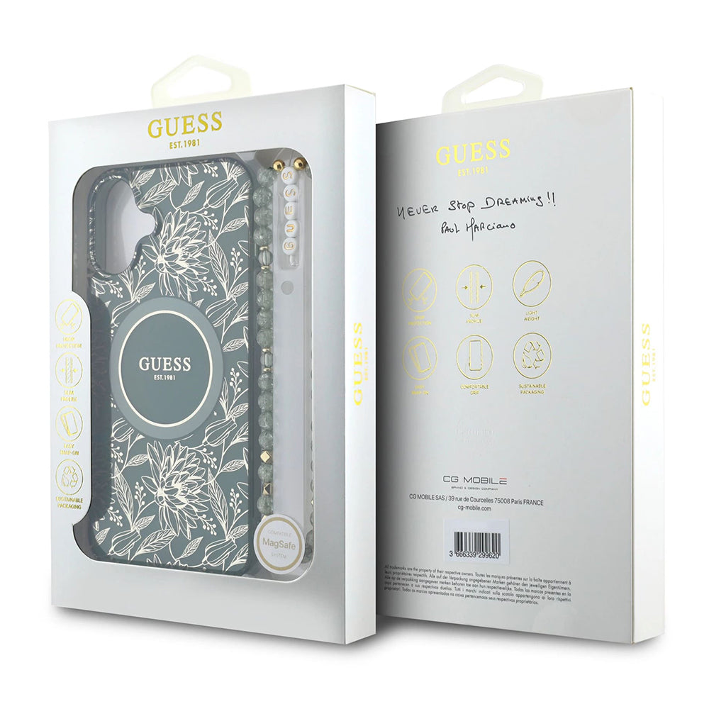 MagSafe-deksel for Apple iPhone 16 Plus, Guess, IML Flowers Allover Electroplated with Pearl Strap, Grønn