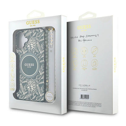MagSafe-deksel for Apple iPhone 16 Plus, Guess, IML Flowers Allover Electroplated with Pearl Strap, Grønn