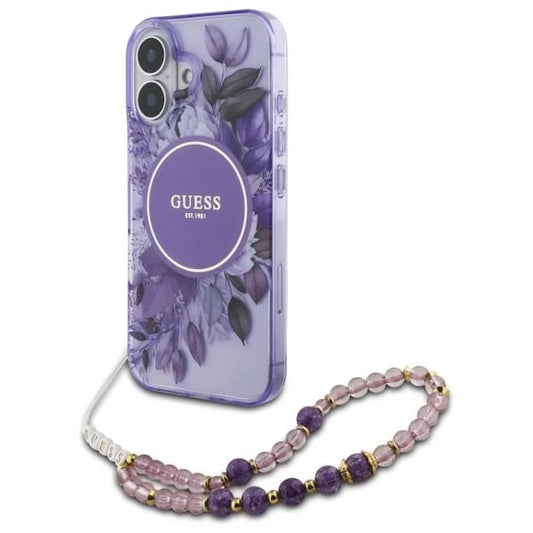 MagSafe-deksel for Apple iPhone 16 Plus, Guess, IML Flowers with Pearl Strap, Lilla