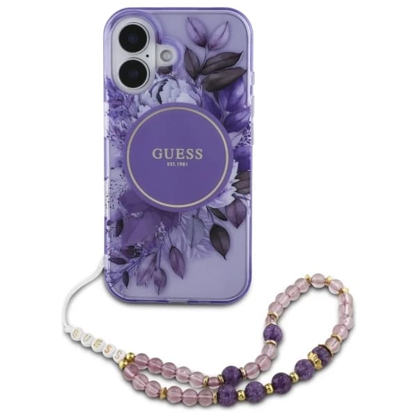 MagSafe-deksel for Apple iPhone 16 Plus, Guess, IML Flowers with Pearl Strap, Lilla