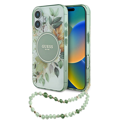 MagSafe-deksel for Apple iPhone 16 Plus, Guess, IML Flowers with Pearl Strap, Grønn