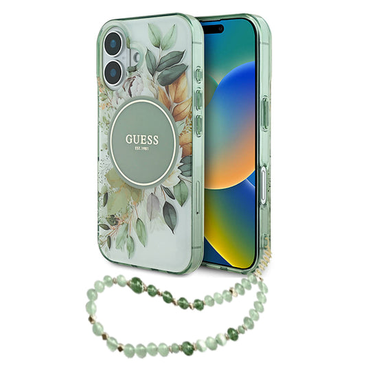 MagSafe-deksel for Apple iPhone 16 Plus, Guess, IML Flowers with Pearl Strap, Grønn