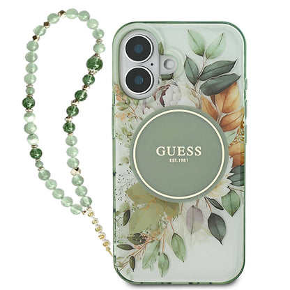 MagSafe-deksel for Apple iPhone 16 Plus, Guess, IML Flowers with Pearl Strap, Grønn
