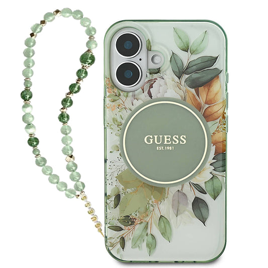 MagSafe-deksel for Apple iPhone 16 Plus, Guess, IML Flowers with Pearl Strap, Grønn