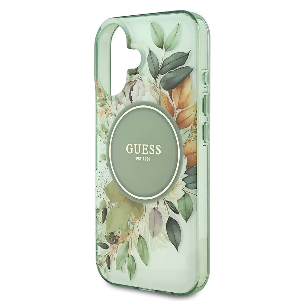 MagSafe-deksel for Apple iPhone 16 Plus, Guess, IML Flowers with Pearl Strap, Grønn