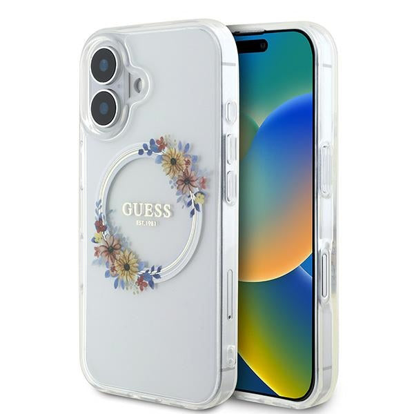 MagSafe-deksel for Apple iPhone 16 Plus, Guess, IML Flowers Wreath, Gjennomsiktig