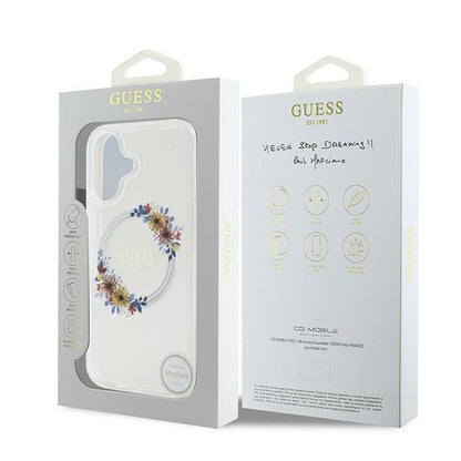 MagSafe-deksel for Apple iPhone 16 Plus, Guess, IML Flowers Wreath, Gjennomsiktig