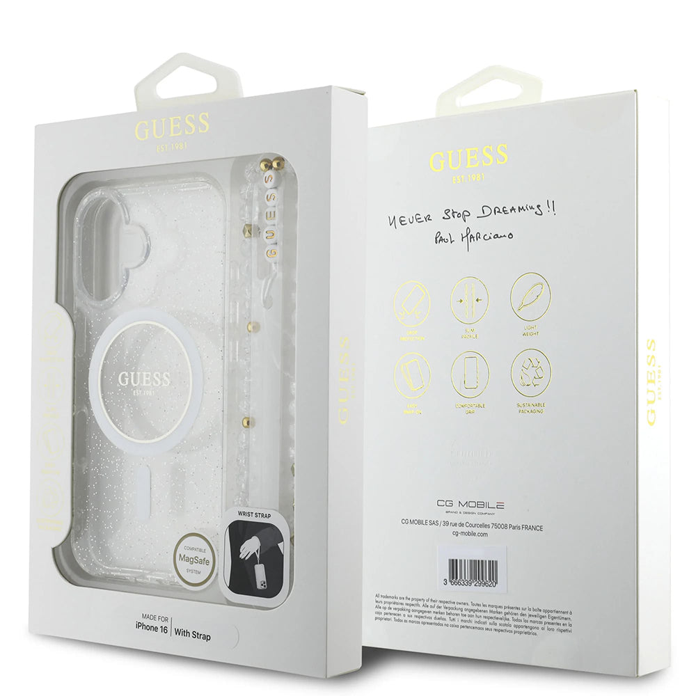 MagSafe-deksel for Apple iPhone 16 Plus, Guess, IML Glitter with Pearl Strap, Gjennomsiktig