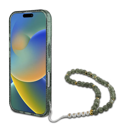 MagSafe-deksel for Apple iPhone 16 Plus, Guess, IML Glitter with Pearl Strap, Grønn