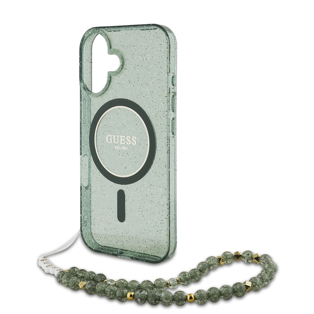 MagSafe-deksel for Apple iPhone 16 Plus, Guess, IML Glitter with Pearl Strap, Grønn