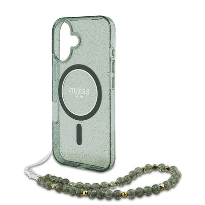 MagSafe-deksel for Apple iPhone 16 Plus, Guess, IML Glitter with Pearl Strap, Grønn