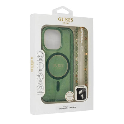 MagSafe-deksel for Apple iPhone 16 Plus, Guess, IML Glitter with Pearl Strap, Grønn