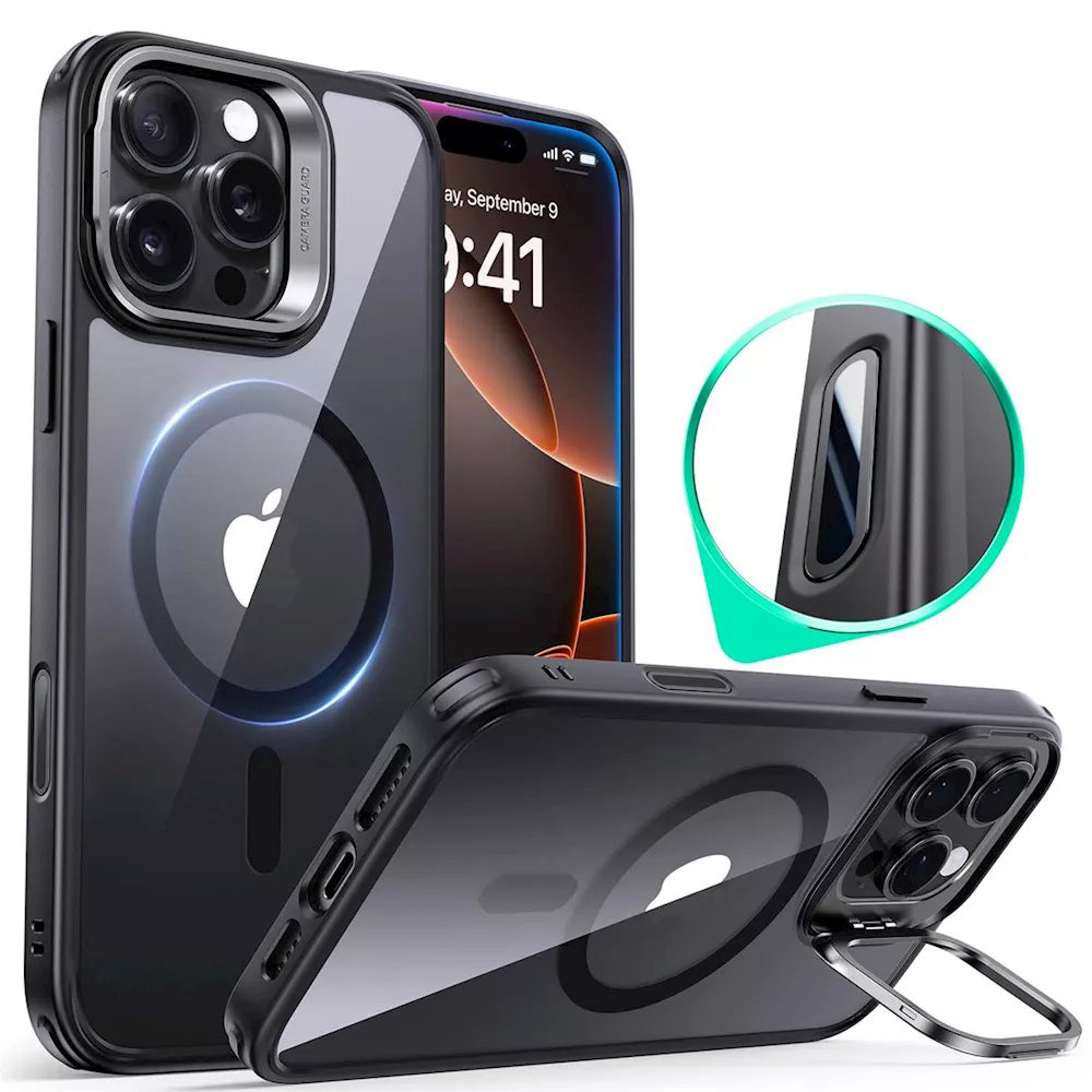MagSafe-deksel for Apple iPhone 16 Pro, ESR, Classic Hybrid Kickstand Slide, Svart Gjennomsiktig