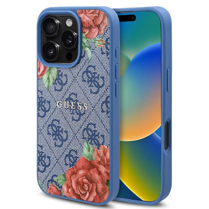 MagSafe-deksel for Apple iPhone 16 Pro, Guess, 4G Flowers Print, Blå