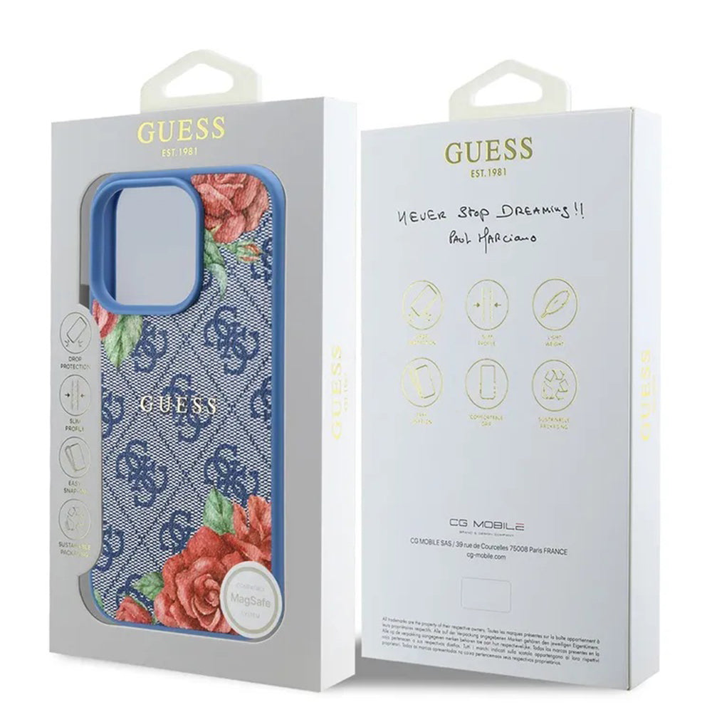 MagSafe-deksel for Apple iPhone 16 Pro, Guess, 4G Flowers Print, Blå