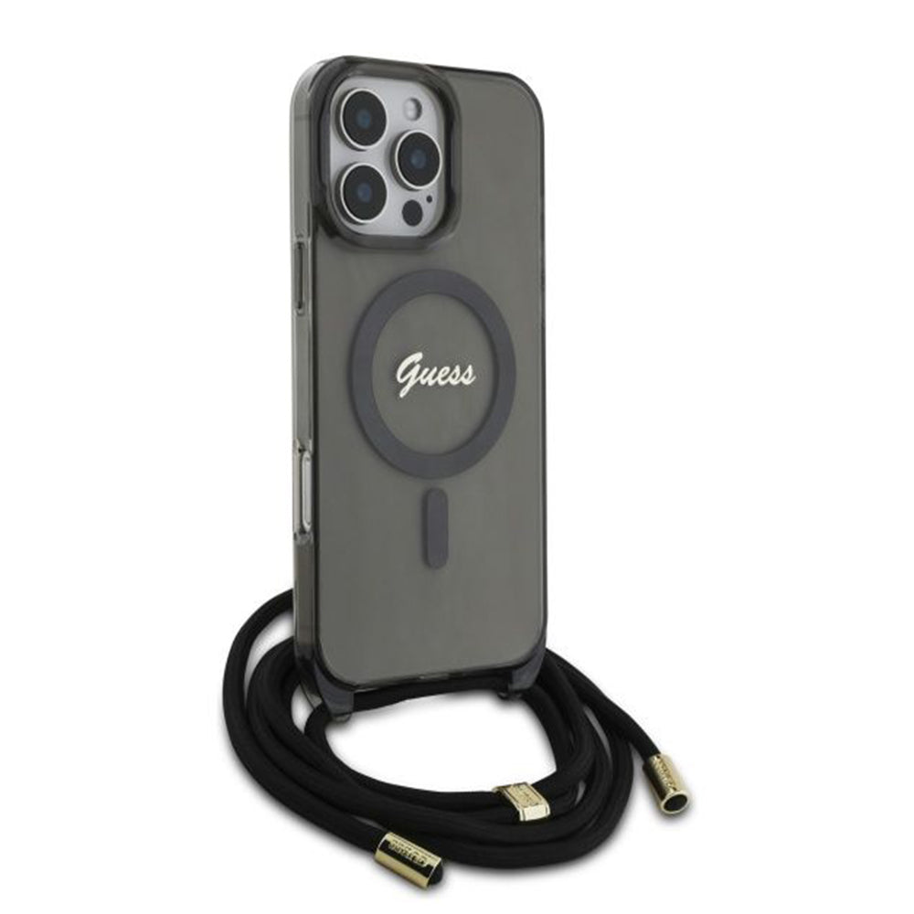 MagSafe-deksel for Apple iPhone 16 Pro, Guess, IML Crossbody Cord Script, Svart