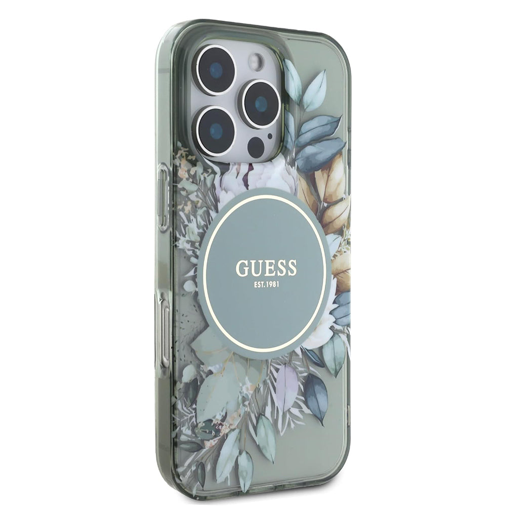 MagSafe-deksel for Apple iPhone 16 Pro, Guess, IML Flower & Tonal Circle, Grønn