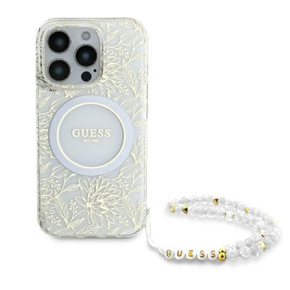 MagSafe-deksel for Apple iPhone 16 Pro, Guess, IML Flowers Allover Electroplated with Pearl Strap, Hvit