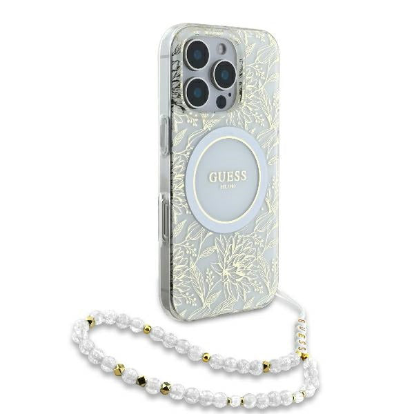 MagSafe-deksel for Apple iPhone 16 Pro, Guess, IML Flowers Allover Electroplated with Pearl Strap, Hvit