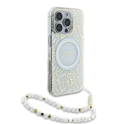 MagSafe-deksel for Apple iPhone 16 Pro, Guess, IML Flowers Allover Electroplated with Pearl Strap, Hvit