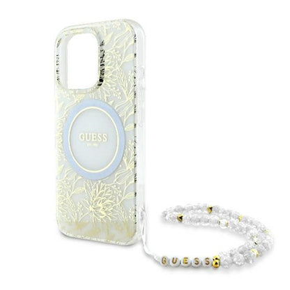MagSafe-deksel for Apple iPhone 16 Pro, Guess, IML Flowers Allover Electroplated with Pearl Strap, Hvit
