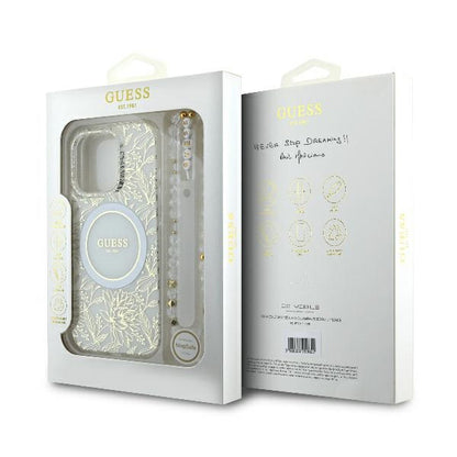 MagSafe-deksel for Apple iPhone 16 Pro, Guess, IML Flowers Allover Electroplated with Pearl Strap, Hvit