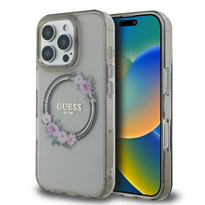 MagSafe-deksel for Apple iPhone 16 Pro, Guess, IML Flowers Wreath, Svart