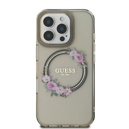 MagSafe-deksel for Apple iPhone 16 Pro, Guess, IML Flowers Wreath, Svart