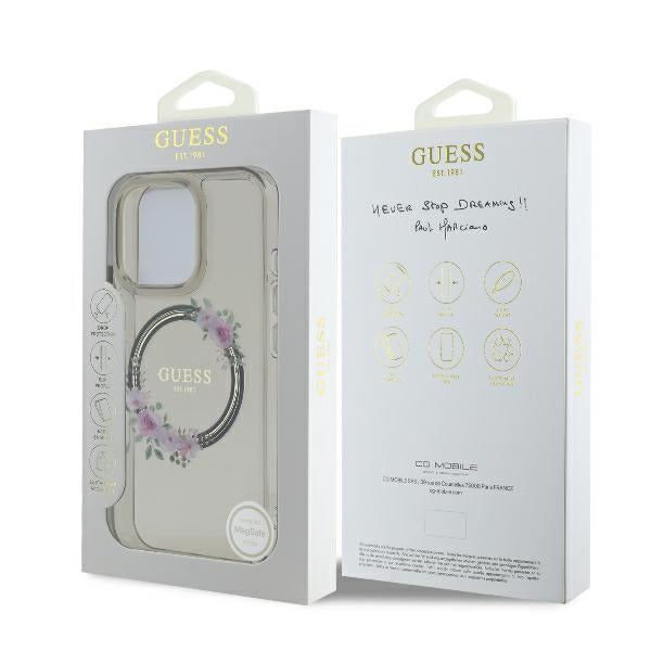 MagSafe-deksel for Apple iPhone 16 Pro, Guess, IML Flowers Wreath, Svart