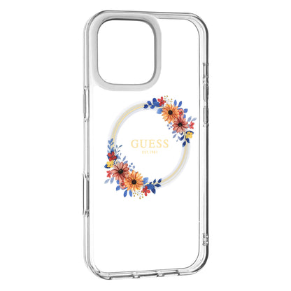 MagSafe-deksel for Apple iPhone 16 Pro, Guess, IML Flowers Wreath, Gjennomsiktig