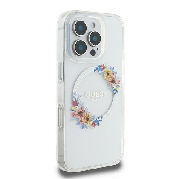 MagSafe-deksel for Apple iPhone 16 Pro, Guess, IML Flowers Wreath, Gjennomsiktig