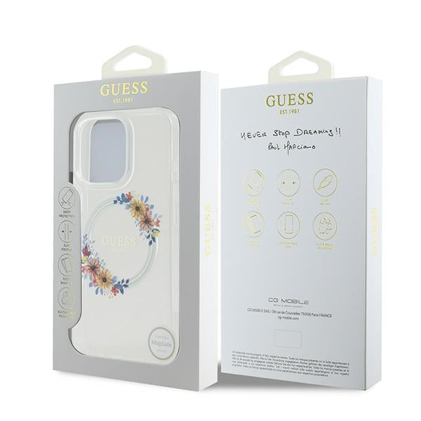 MagSafe-deksel for Apple iPhone 16 Pro, Guess, IML Flowers Wreath, Gjennomsiktig