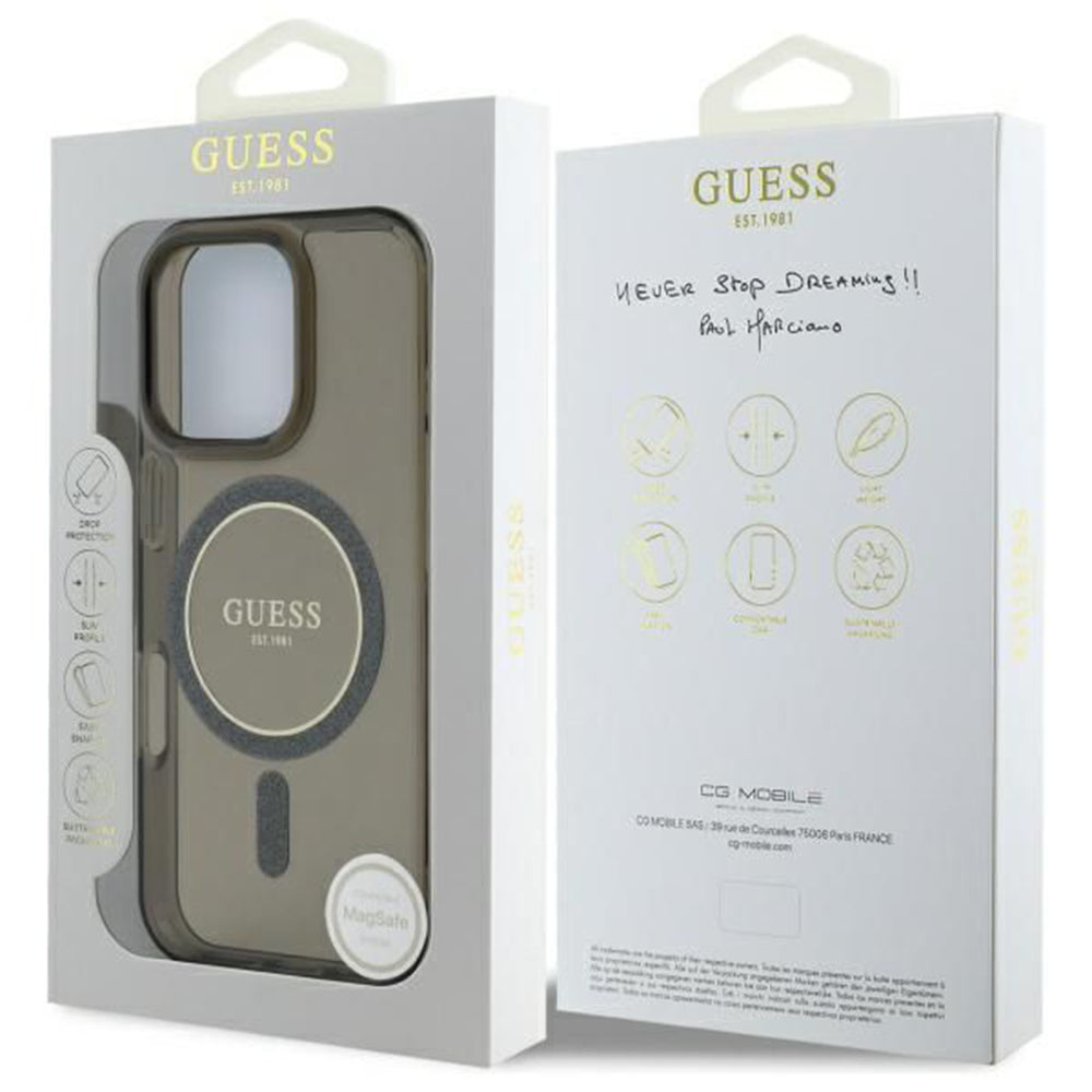 MagSafe-deksel for Apple iPhone 16 Pro, Guess, IML Glitter Ring, Svart