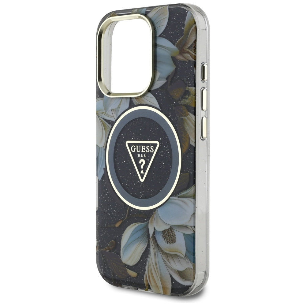 MagSafe-deksel for Apple iPhone 16 Pro, Guess, IML Metal Glitter Flowers Triangle, Svart