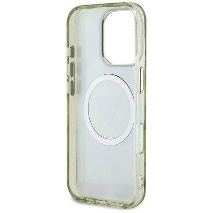 MagSafe-deksel for Apple iPhone 16 Pro, Guess, IML Metal Glitter Flowers Triangle, Grønn