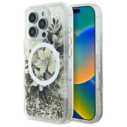 MagSafe-deksel for Apple iPhone 16 Pro, Guess, Liquid Glitter Flower, Beige