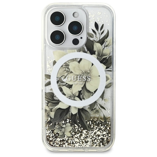 MagSafe-deksel for Apple iPhone 16 Pro, Guess, Liquid Glitter Flower, Beige