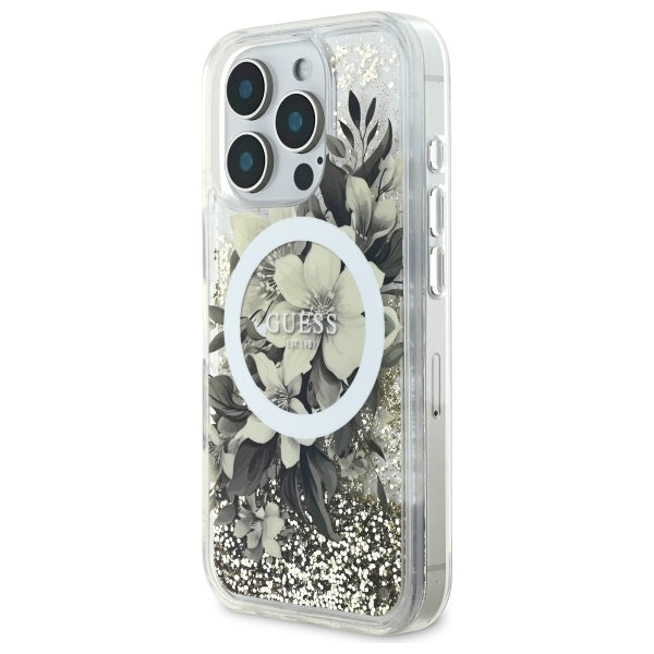 MagSafe-deksel for Apple iPhone 16 Pro, Guess, Liquid Glitter Flower, Beige