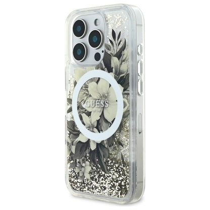 MagSafe-deksel for Apple iPhone 16 Pro, Guess, Liquid Glitter Flower, Beige