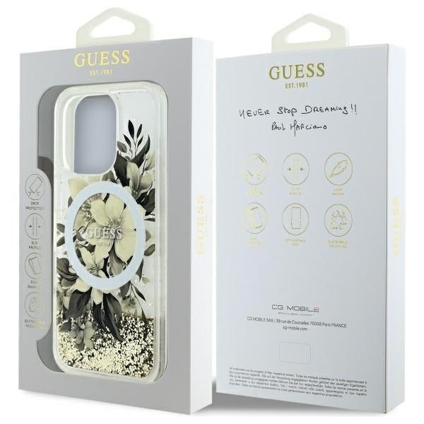 MagSafe-deksel for Apple iPhone 16 Pro, Guess, Liquid Glitter Flower, Beige