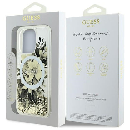 MagSafe-deksel for Apple iPhone 16 Pro, Guess, Liquid Glitter Flower, Beige