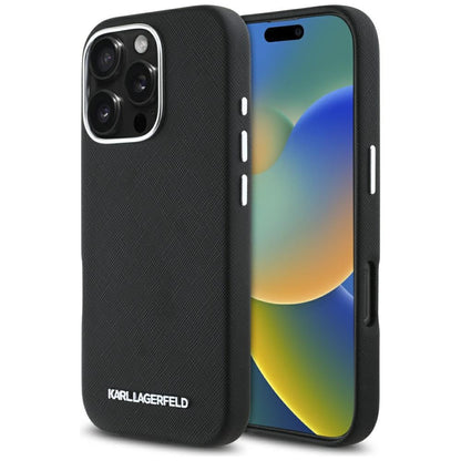 MagSafe-deksel for Apple iPhone 16 Pro, Karl Lagerfeld, Saffiano Full Wrapped Elongated Metal Logo, Svart