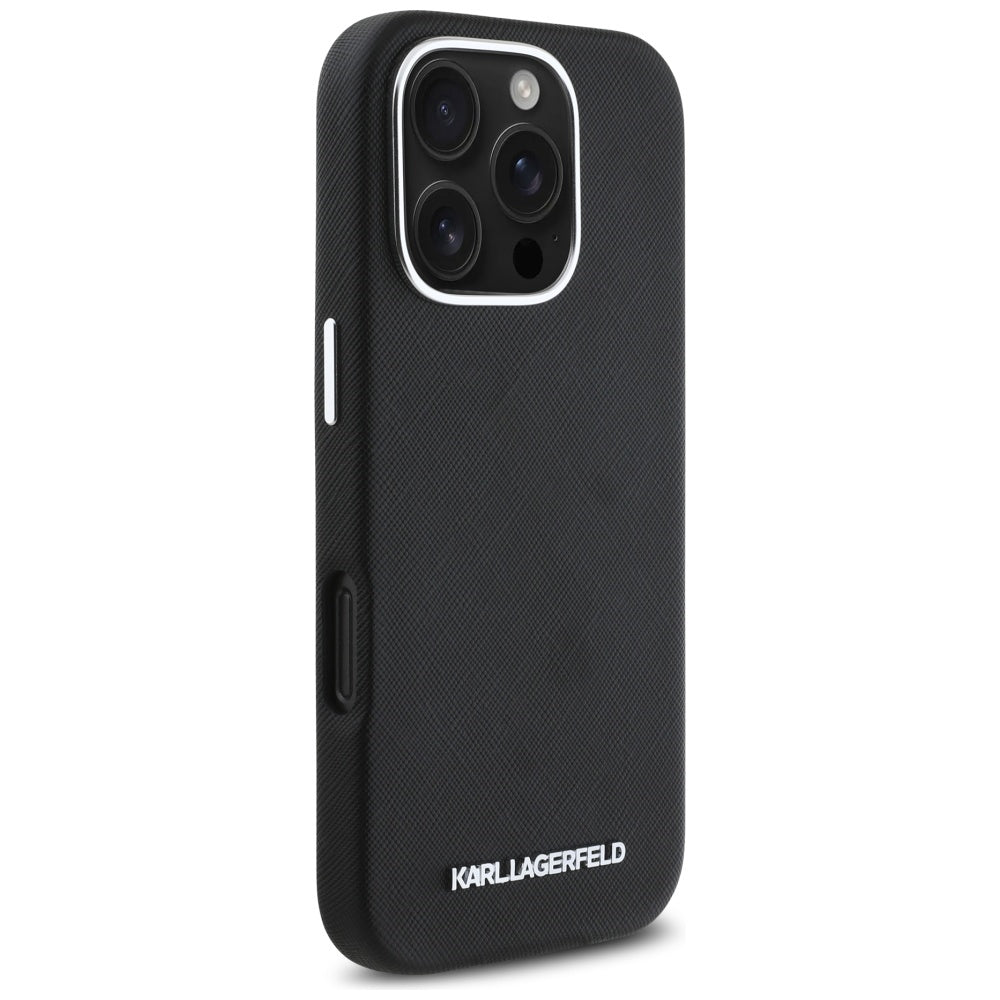 MagSafe-deksel for Apple iPhone 16 Pro, Karl Lagerfeld, Saffiano Full Wrapped Elongated Metal Logo, Svart