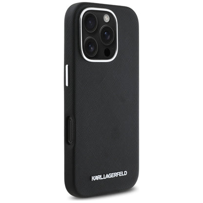 MagSafe-deksel for Apple iPhone 16 Pro, Karl Lagerfeld, Saffiano Full Wrapped Elongated Metal Logo, Svart