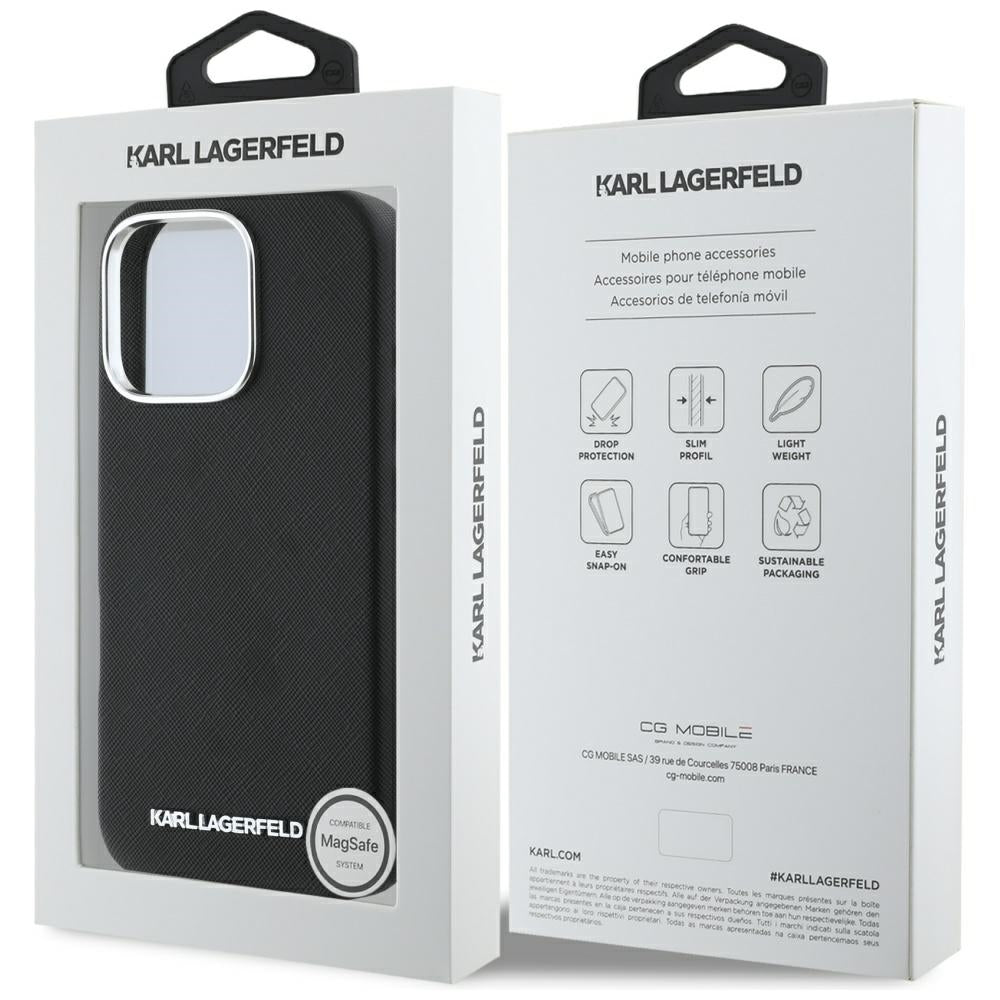 MagSafe-deksel for Apple iPhone 16 Pro, Karl Lagerfeld, Saffiano Full Wrapped Elongated Metal Logo, Svart