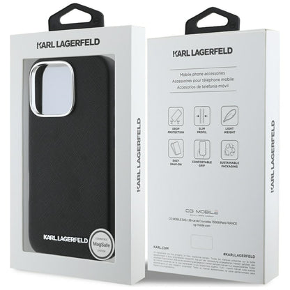 MagSafe-deksel for Apple iPhone 16 Pro, Karl Lagerfeld, Saffiano Full Wrapped Elongated Metal Logo, Svart