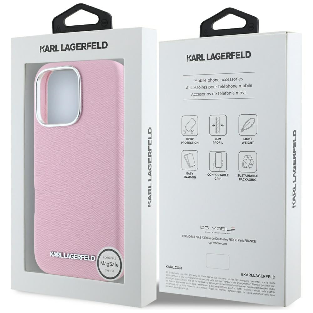 MagSafe-deksel for Apple iPhone 16 Pro, Karl Lagerfeld, Saffiano Full Wrapped Elongated Metal Logo, Rosa